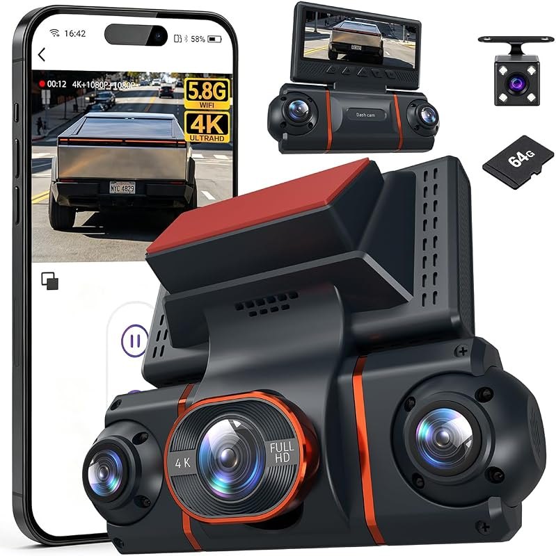 4K+1080P*3 FHD Dash Cam Front and Rear, 360° Car Camera, 5.8GHz WiFi 20MB/s — loop dash cam for loop dash cam