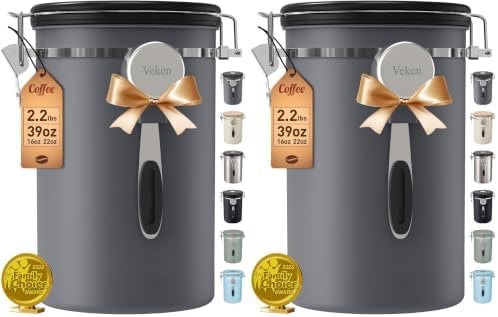 Veken Coffee Canister,39OZ, 2.2lbs,Large Airtight Stainless Steel Container (Pack of 2) — coffee storage canister for
