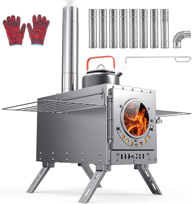 Upgraded Hot Tent Stove, Glonerle Camping Wood Burning Stove with Ash Tray — homestead wood stove for homestead wood