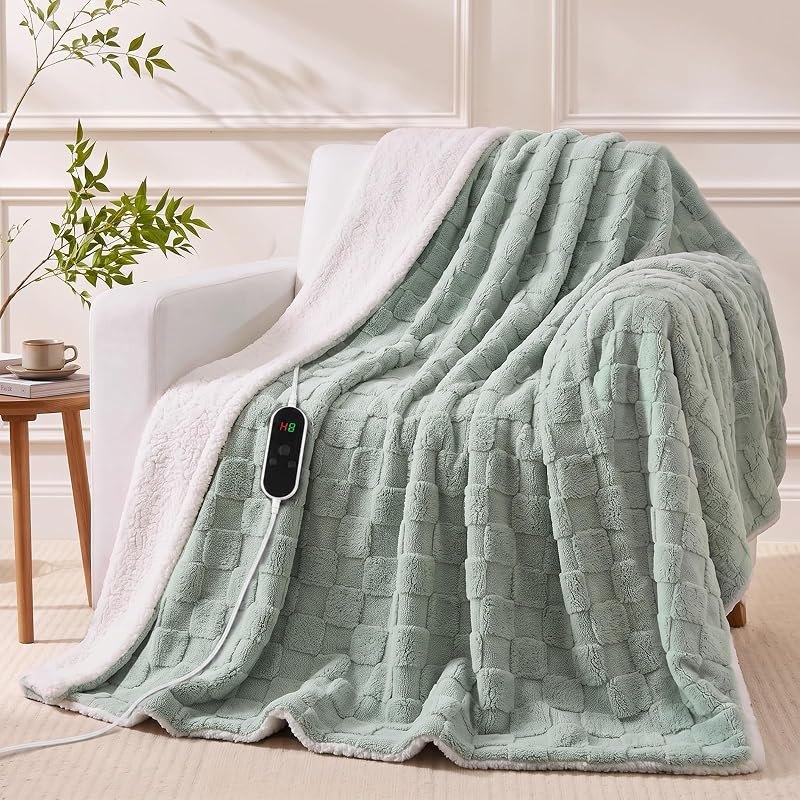 Heated Blanket Electric Throw Jacquard Checkered Fleece 50"x60", Heating Blanket with 10 Heat Levels Fast Heating