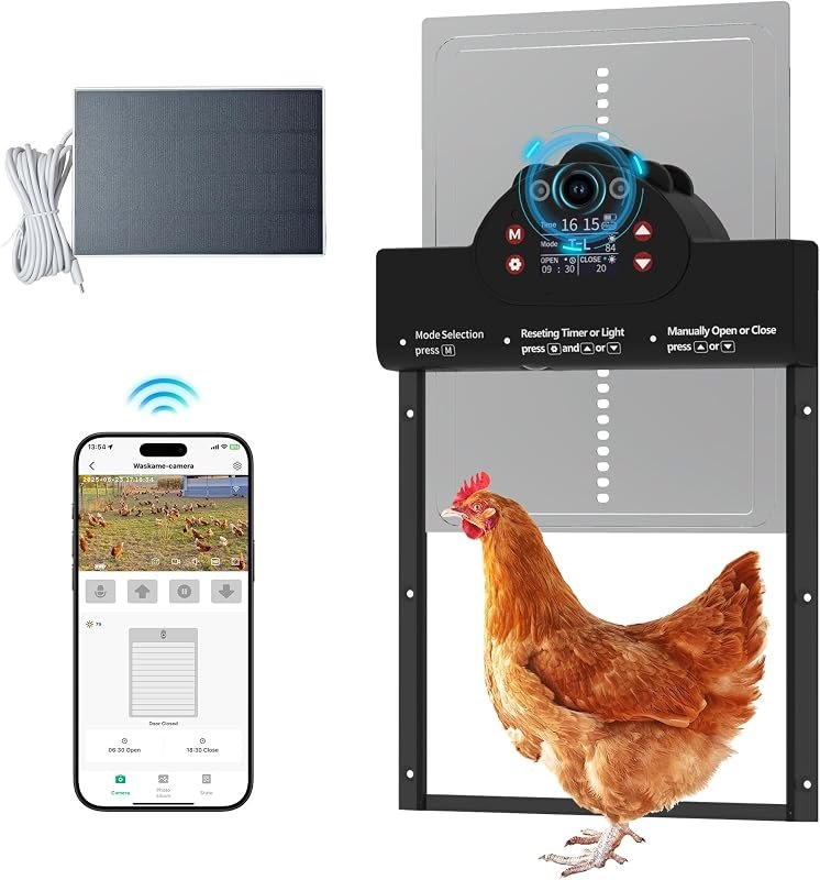 Automatic Chicken Coop Door Solar Powered with 2K Camera & Night Vision, IP65 Wireless Auto Door Opener, 6-Month