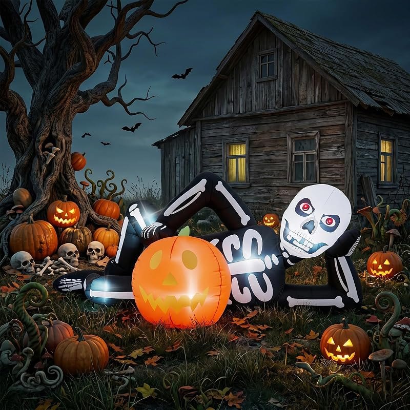 Halloween Inflatable Decorations - 7FT Long Lying Skeleton with Pumpkin Ornaments Built-in LED Lights Halloween