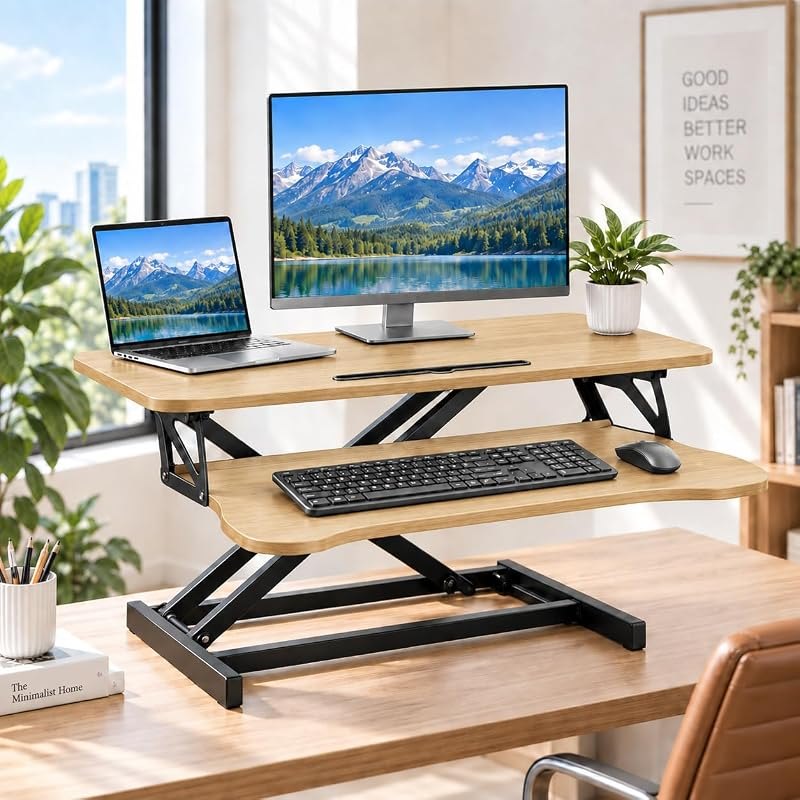 Standing Desk Converter, Adjustable Dual Monitor Riser, Natural — desk riser 32 inch for desk riser inch
