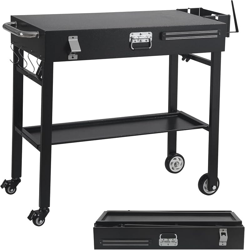 Foldable Grill Cart, Rolling Outdoor BBQ Prep Table with Lockable Wheels, Multi-Purpose Portable Griddle Stand with