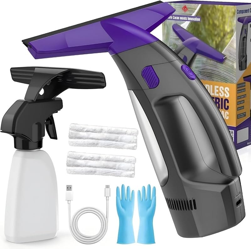 Window Vacuum Squeegee Cordless, 2000Pa Electric Window Cleaner Tool with Spray Bottle & Microfiber Pad, Handheld