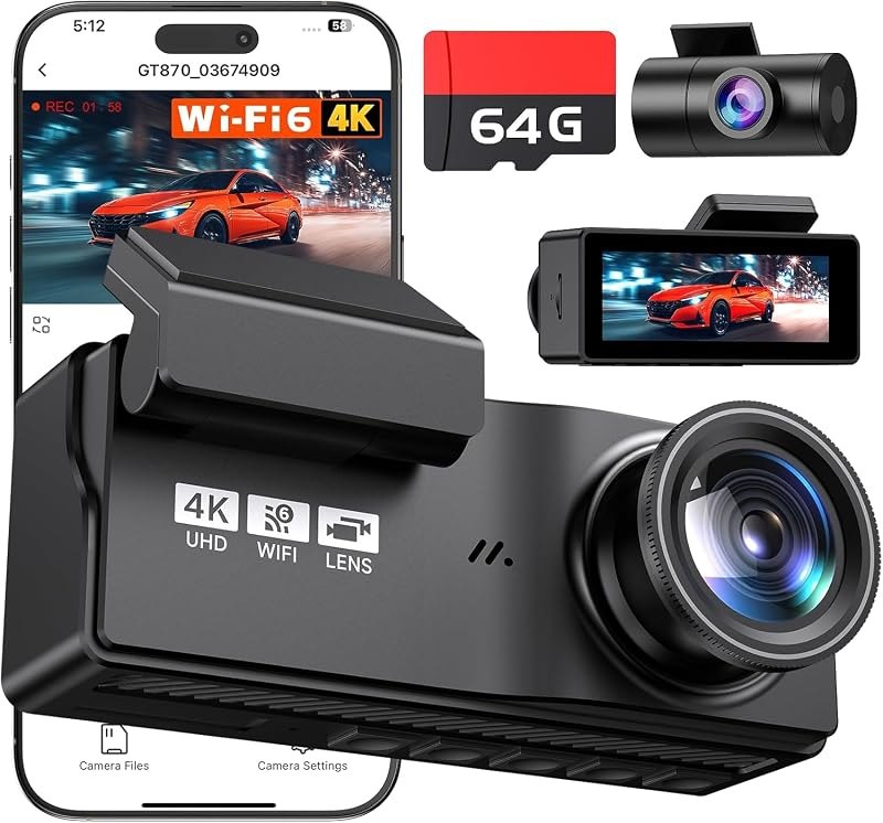 Dashcam Front and Rear Camera, 4K Dash Cam with 64GB Card, Black — auto dash cams for auto dash cams