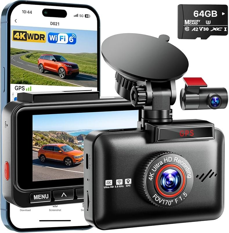 4K Dual Dash Cam Front and Rear, Free 64GB Card, Starlight Night Vision — dash cam with night vision for dash cam