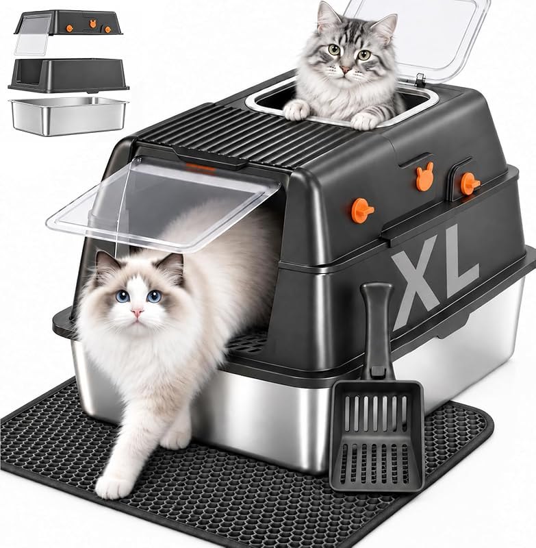 Stainless Steel Litter Box with Lid, Extra Large Enclosed Cat Litter Box for Big Cats, High-Sided Metal Cat Litter