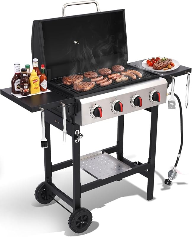 4-Burner Propane Gas Grill with Folding Side Tables — gas grill grease management system for gas grill grease management