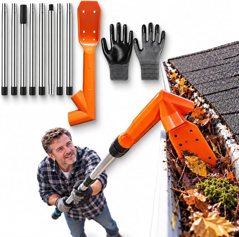 No-Climb Gutter Cleaning Tool, Adjustable Long-Reach Rain Gutter Cleaning Brush, Gutter Rake for Removing Leaves and