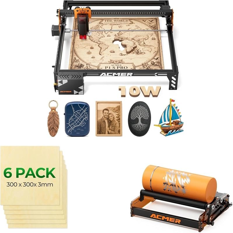 ACMER P1 S Pro 10W Laser Engraver & Cutter Machine with Rotary Roller,380×370mm Large Working Area, 25L/min Air