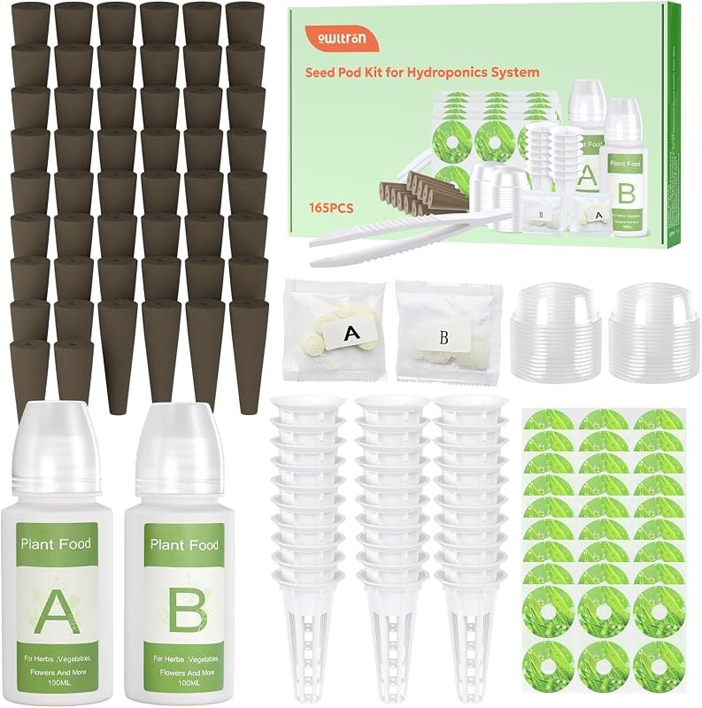 owltron 165 Pcs Hydroponic Seed Pods Kits, Grow Anything Kit Pod for Indoor Herb Garden with 50 Sponges, 4 A&B