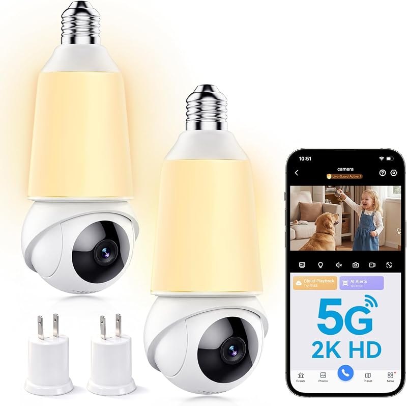 DYPCO 2K Light Bulb Security Cameras, 355°Pan & 90°Tilt Light Bulb Camera Outdoor Indoor, 5G&2.4G WiFi PTZ Camera for