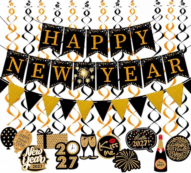 Happy New Year Decorations 2027, Black Gold New Years Eve Party Supplies — new years eve confetti for new years eve