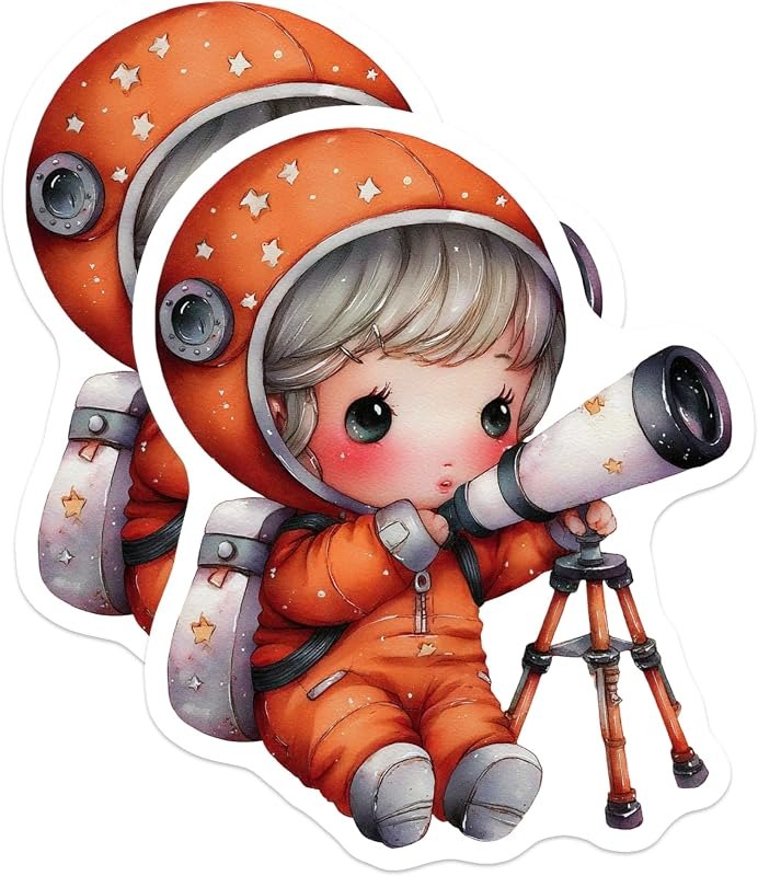 (2 Pack) Baby Astronaut Stickers - Cute Space Explorer - Little Kid with Telescope - 5" On Longest Side - Sticks to