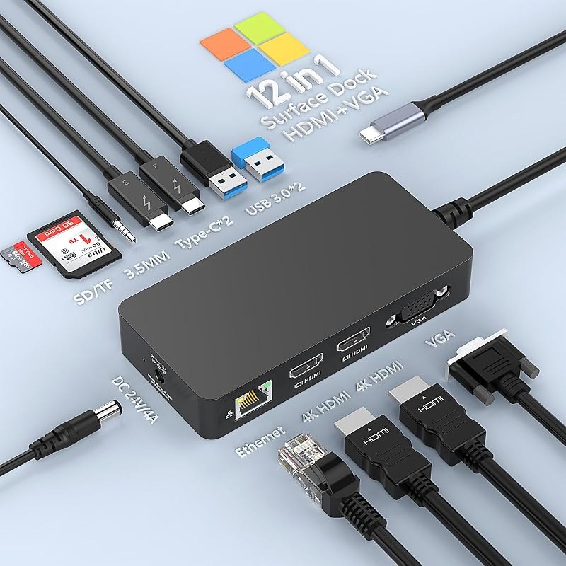Surface Thunderbolt 4 Docking Station, 12-in-1 Surface Pro Dock Triple Displays Dual HDMI+VGA with 100W Power Supply