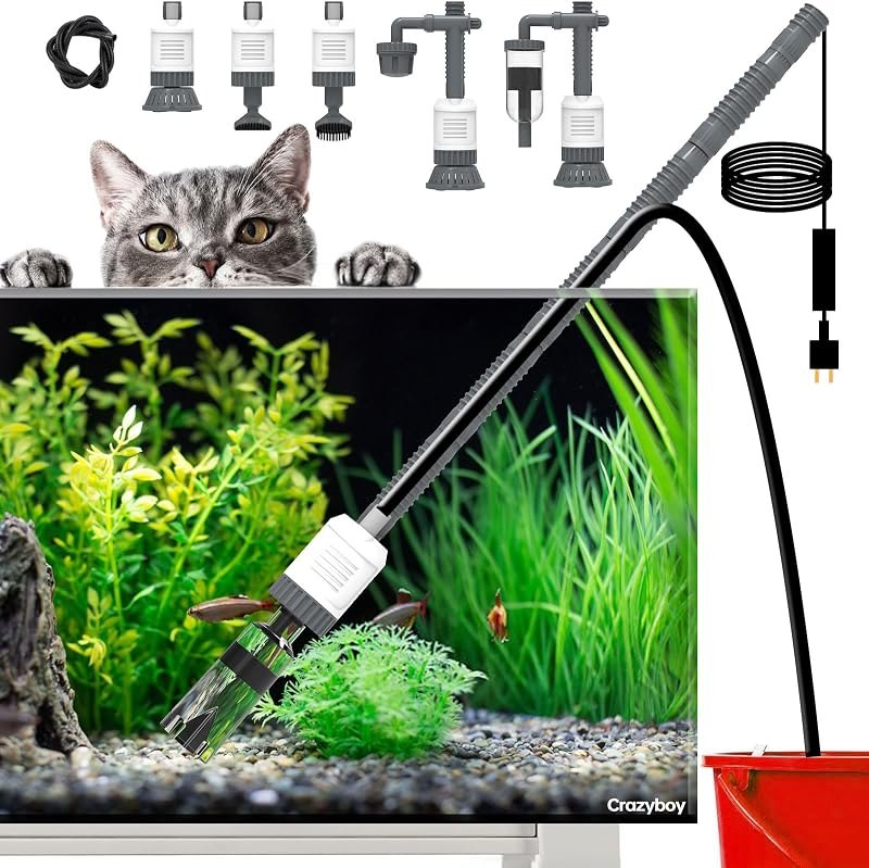 Crazyboy Electric Aquarium Gravel Cleaner 30W, 6-in-1 Automatic Fish Tank Vacuum with Strong Suction, Removable Motor
