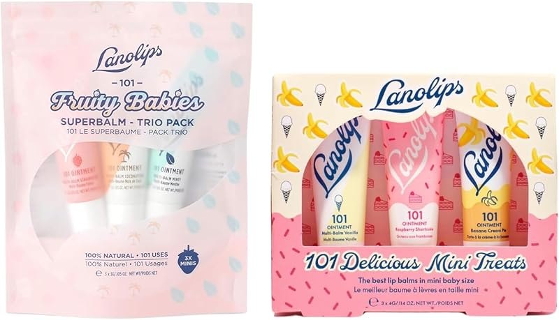 Lanolips 101 Ointment Sampler Gift Sets, Fruity Babies + Mini Treats, 6 ct Multipurpose Lip Balm, Body Moisturizer &