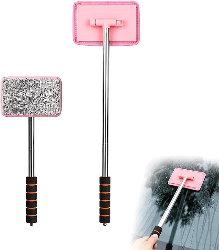 Dual Magnetic Car Windshield Cleaner Microfiber Car Window Cleaner Kit (Pink) — magnetic window cleaner for magnetic
