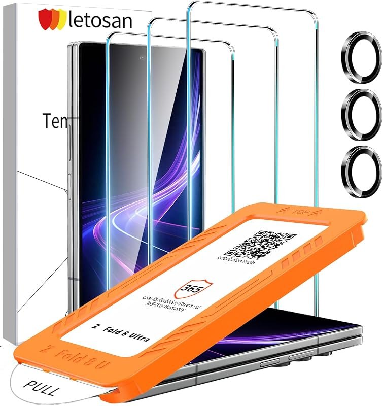 letosan 3 Pack for Samsung Galaxy Z Fold 8 Ultra Screen Protector Tempered Glass + 1 Pack Camera Lens Protector
