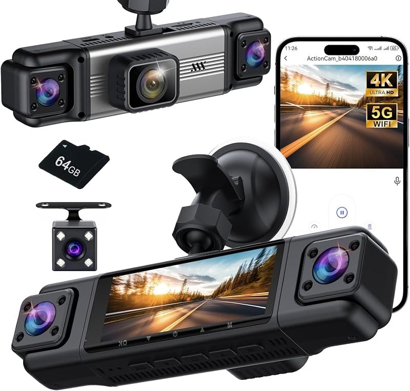 4 Channel 360° Dash Cam Front and Rear Inside, 64GB Card Included — 360 degree dash cam for 360 degree dash cam