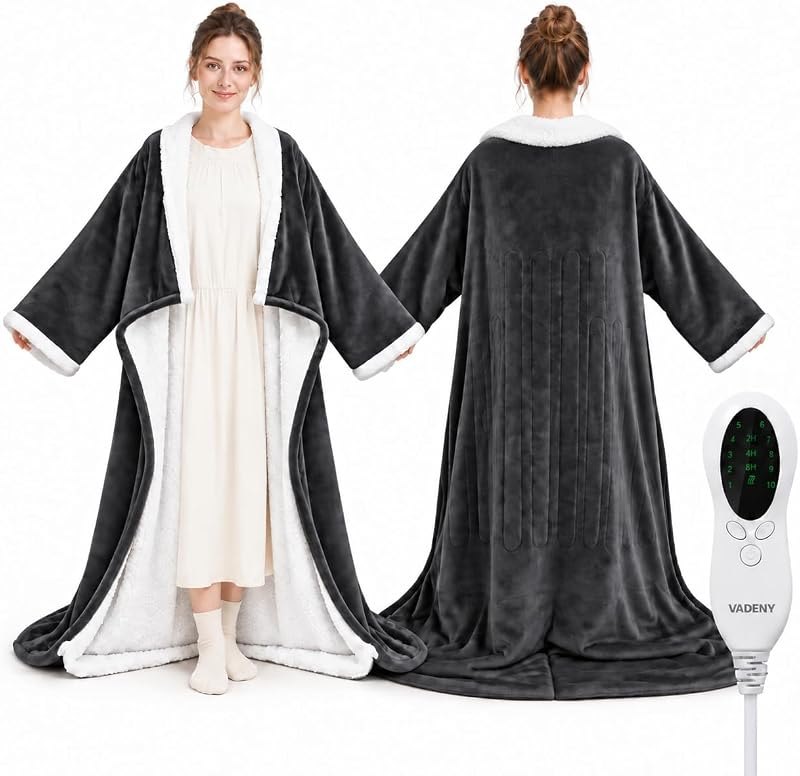 Wearable Heated Blanket Robe with Foot Pockets Electric Cozy Throw Wrap Adults 50 X 70 in Soft Flannel Plush Sherpa
