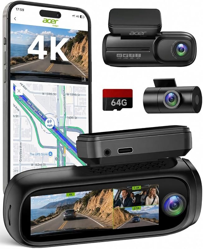 Acer Gadget 4K 3 Channel Dash Cam Front and Rear Inside 64GB Card Include — best dash cam with night vision for dash