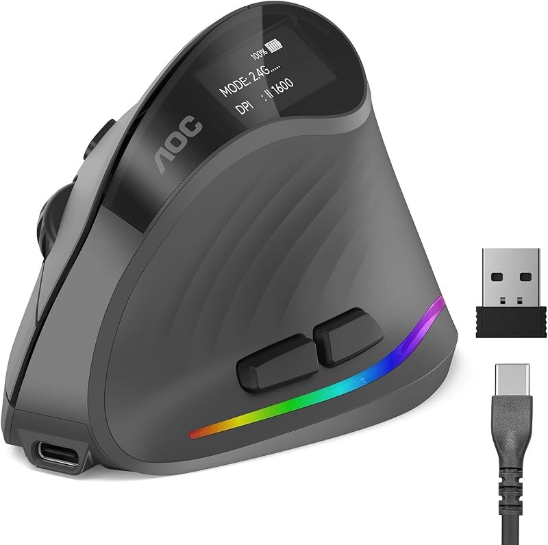 AOC Ergonomic Mouse, 2.4GHz Wireless Bluetooth Vertical Mouse, Rechargeable — silent click for quiet wireless mouse