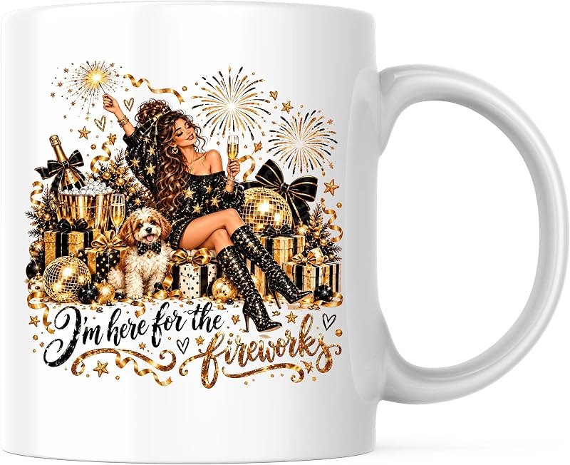Bliss Monkey Co. New Years Eve Coffee Mug - Fireworks Sparkler Celebration - Holiday Party Drinkware 11 Ounce Cup -