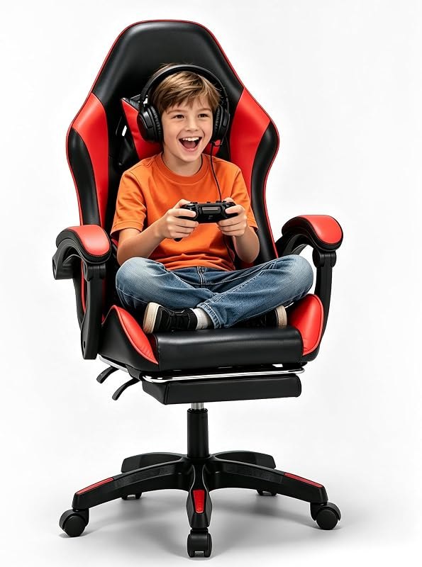 Gaming Chair for Kids, Footrest, Lumbar & Headrest (Black & Red) — steel gaming chair for steel gaming chair