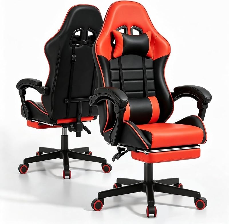 Gaming Chair, Ergonomic Footrest, Lumbar & Headrest (Black & Red) — steel gaming chair for steel gaming chair